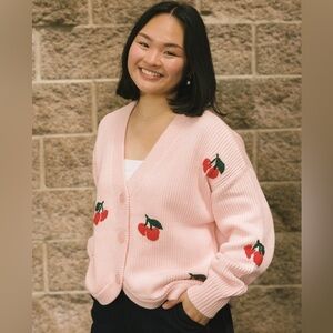 NWT Smash + Tess Pink Cherry Embroidered V-Neck Cardigan Sweater